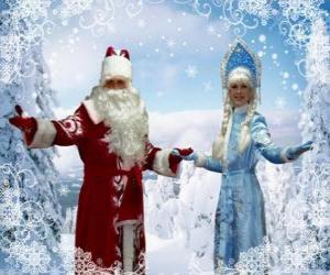 yapboz Snegurochka veya Kar kızlık ve Dyet Maros veya Büyükbaba Kırağı, rusça geleneksel Noel karakterler